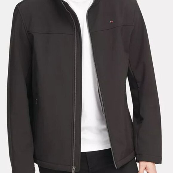 Tommy Hilfiger Softshell Classic Active Black Spellout Logo Collar Jacket Mens S - Picture 1 of 13